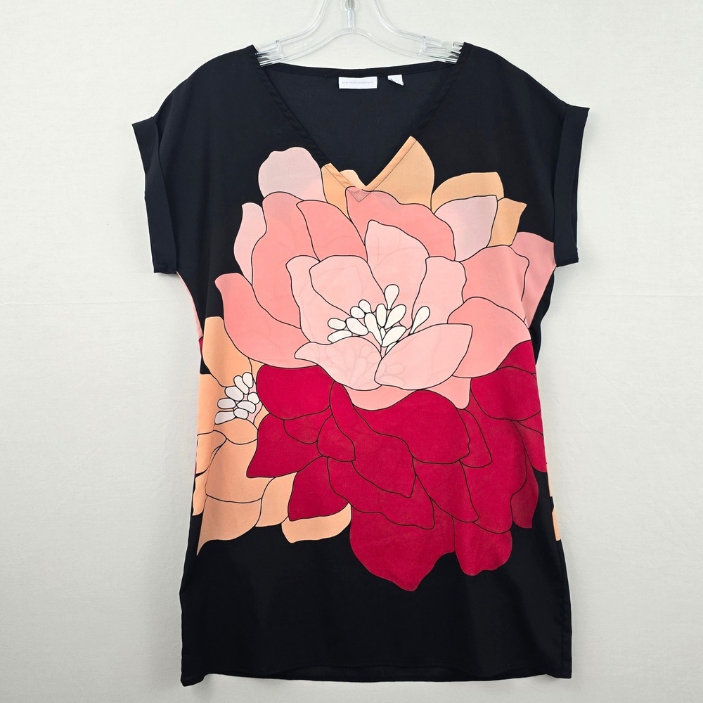 New York & Company Cuff Sleeve V-Neck Floral Print Women Tunic Black Pinkโ S